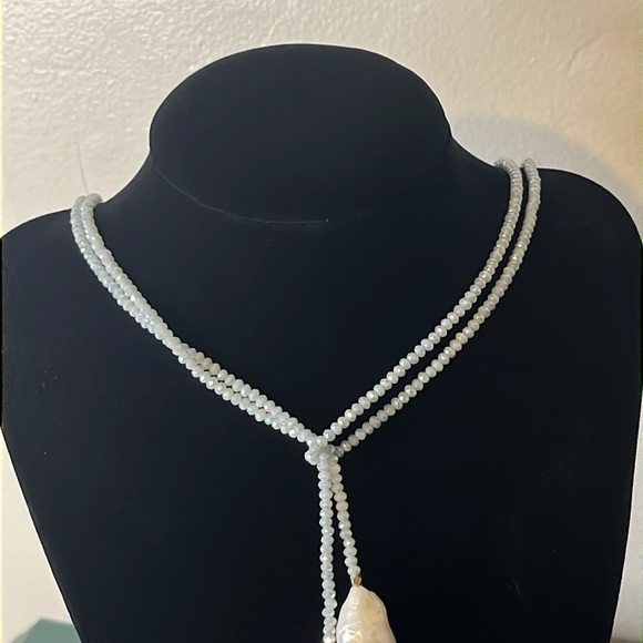 Blue Crystal Lariat Wrap Necklace with Large Organic Baroque Pearls - Picture 3 of 6